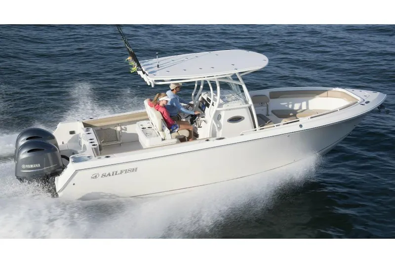 Slide: The Image of Manufacturer Provided Image: 2019 Sailfish 270 CC boat cruising on water with dual Yamaha engines. - 32