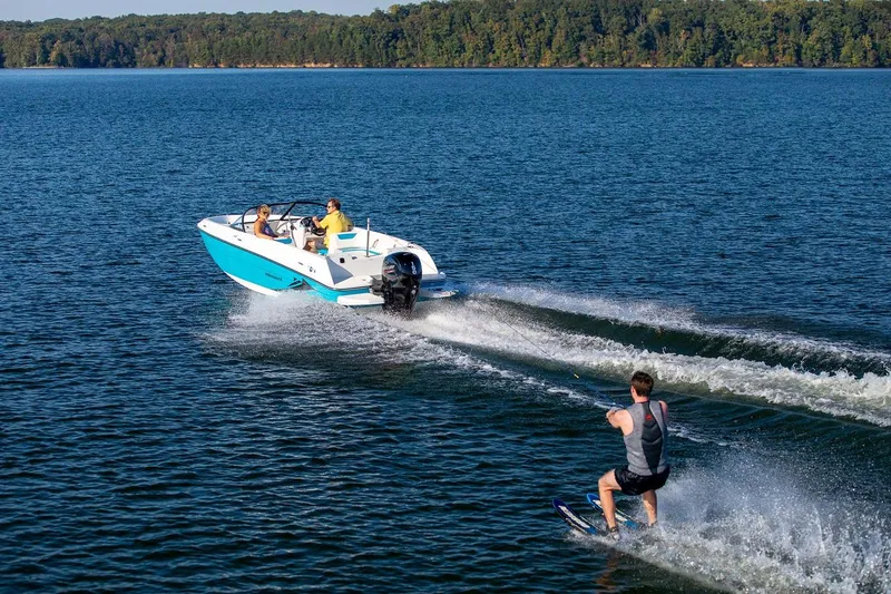 Slide: The Image of 2024 Bayliner Element E21 towing a wakeboarder on a scenic lake. - 9