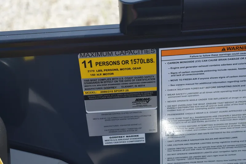 Slide: The Image of Safety label on Godfrey SWEETWATER SW 2086 C boat, 2026 model, showing capacity and warnings. - 12