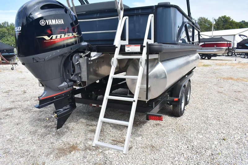 Slide: The Image of 2026 Godfrey Sweetwater 2086C Tritoon with Yamaha VMAX engine and ladder on trailer. - 9