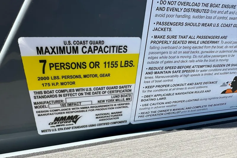 Slide: The Image of 2026 Lund 185 Impact GL boat capacity label: 7 persons or 1155 lbs, 175 HP motor. - 43