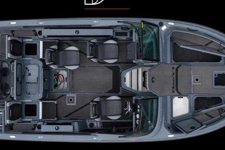 Slide: The Image of Top view of 2026 Lund 185 Impact GL boat interior layout, showcasing seating and storage. - 46