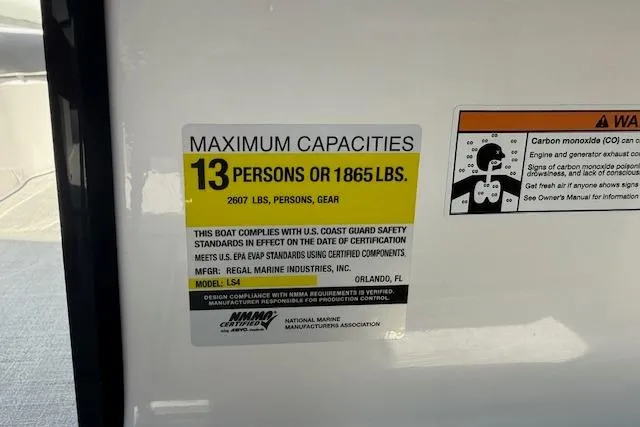 Slide: The Image of 2026 Regal LS4 capacity label: 13 persons or 1865 lbs, compliant with safety standards. - 7