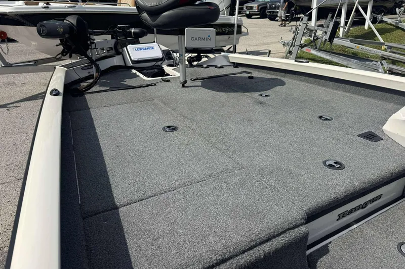 Slide: The Image of 2021 Ranger RT188P boat deck with Garmin and Lowrance equipment. - 2