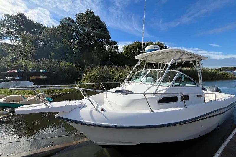 Slide: The Image of 1999 Grady-White Gulfstream 232 boat docked by lush greenery under blue sky. - 4