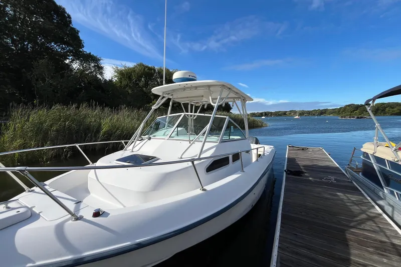 Slide: The Image of 1999 Grady-White Gulfstream 232 boat docked by a scenic lake under blue skies. - 5
