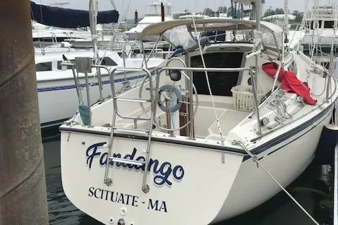 Slide: The Image of 1985 O'Day 28 sailboat named Fandango docked in Scituate, MA marina. - 3