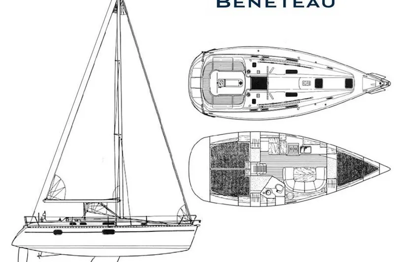 Slide: The Image of Blueprint of 1999 Beneteau Oceanis 351 sailboat, showcasing side and top views. - 23