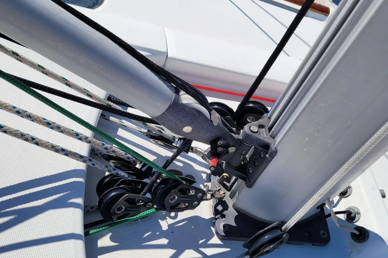 Slide: The Image of Close-up of rigging on a 1999 Beneteau Oceanis 351 sailboat. - 9