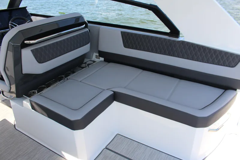 Slide: The Image of Luxurious seating on 2025 Cobalt R35 boat, featuring sleek gray upholstery and modern design. - 71