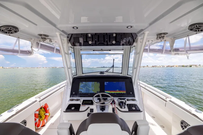 Slide: The Image of Interior view of 2022 World Cat 400 CC-X boat with advanced navigation system. - 39