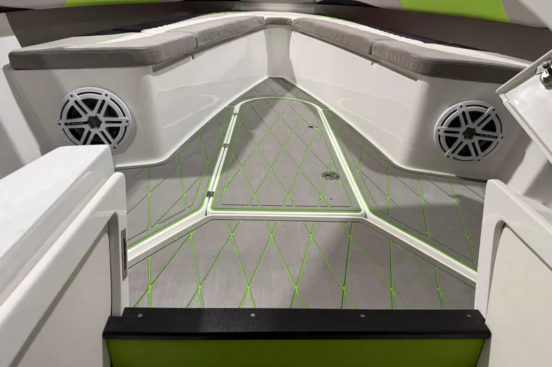 Slide: The Image of Interior of 2017 Statement 350 Open boat with cushioned seating and speakers. - 12