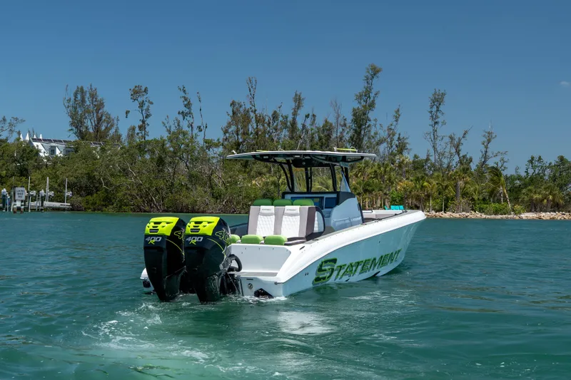 Slide: The Image of 2017 Statement 350 Open boat with dual engines on a sunny day. - 3