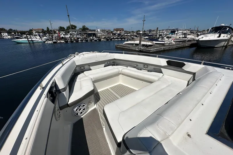 Slide: The Image of 2017 Formula 430 Super Sport Crossover yacht interior with sleek kitchenette and ocean view. - 24