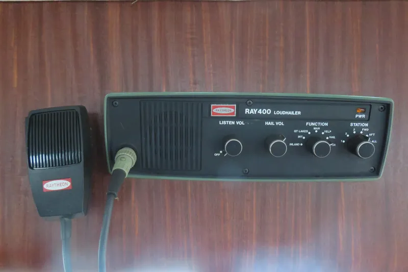 Slide: The Image of Raytheon RAY400 loudhailer and microphone on 1986 Hatteras 58 Motor Yacht. - 53