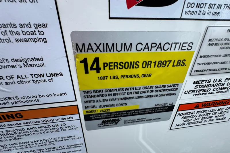Slide: The Image of 2021 Supreme ZS232 capacity label: 14 persons or 1897 lbs, safety compliance details. - 20