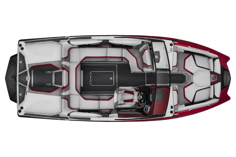 Slide: The Image of Manufacturer Provided Image: 2017 Tigé RZX2 boat interior, top view, red and white seating, black accents. - 1