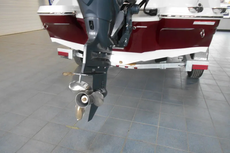 Slide: The Image of 2025 Stingray 201 DC boat with outboard motor on display in showroom. - 3