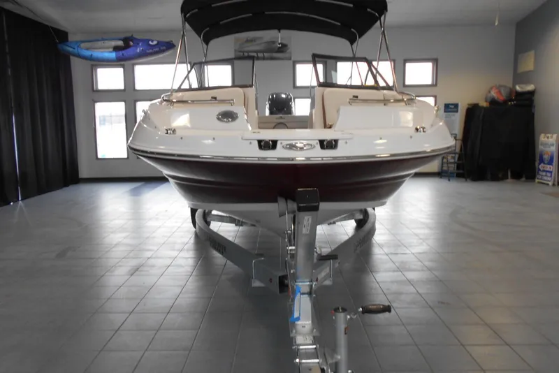 Slide: The Image of 2025 Stingray 201 DC boat on trailer in showroom, front view. - 5
