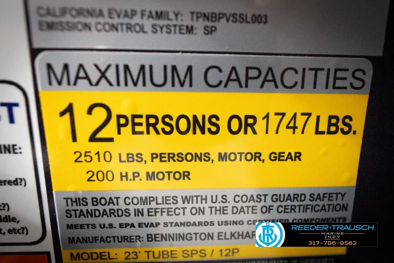 Slide: The Image of 2026 Bennington 22 MFB boat capacity label: 12 persons or 1747 lbs, 200 HP motor. - 55
