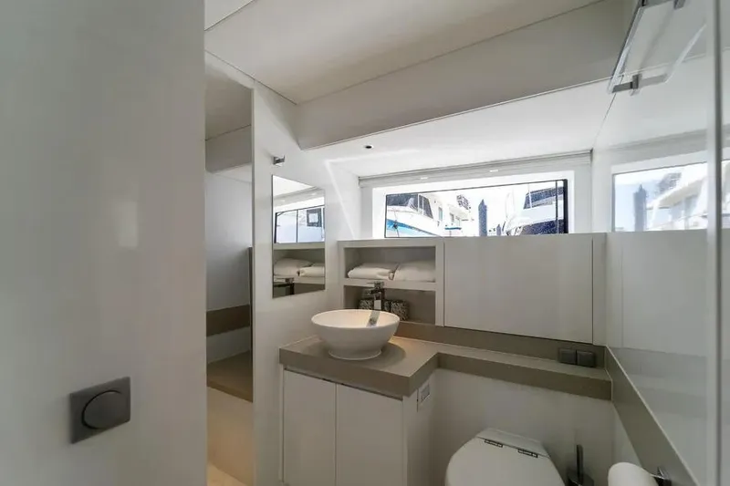 Slide: The Image of Modern bathroom interior on 2019 DutchCraft 56 Open yacht, featuring sleek design and natural light. - 33
