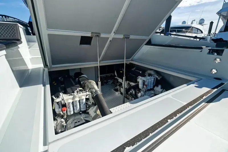 Slide: The Image of Engine compartment of 2019 DutchCraft 56 Open yacht, showcasing mechanical components and design. - 37
