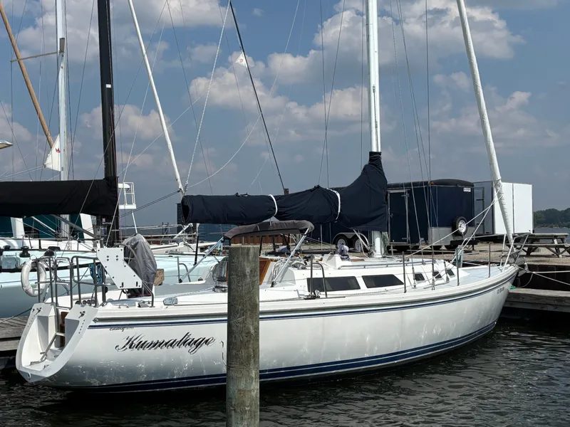 Slide: The Image of 1992 Catalina 34 sailboat docked at marina under a partly cloudy sky. - 4
