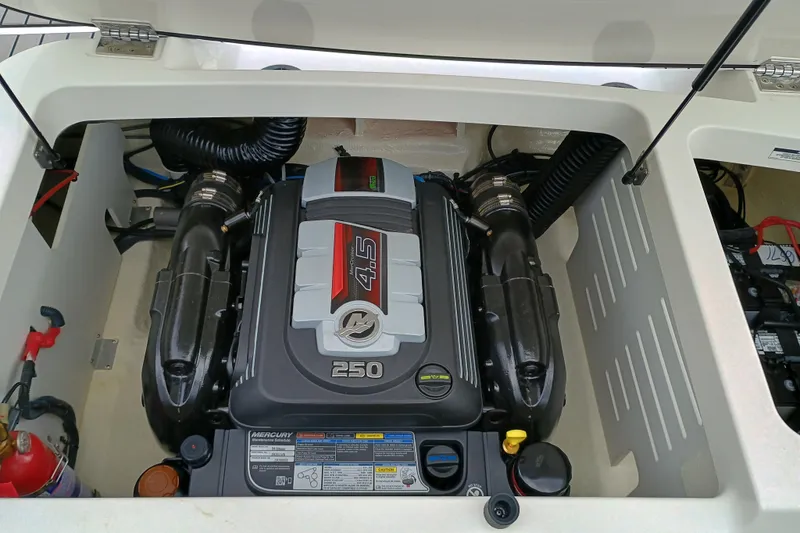Slide: The Image of 2024 Sea Ray SPX 210 engine compartment with Mercury 4.5L 250 HP engine. - 6