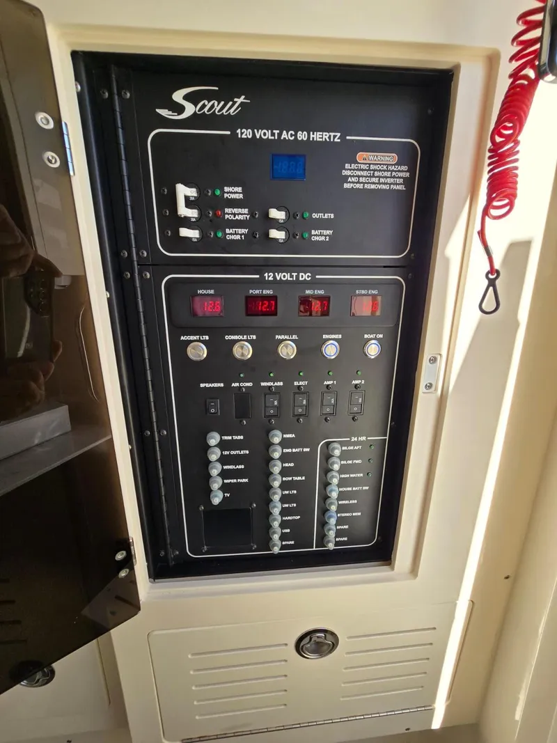 Slide: The Image of 2024 Scout 355 LXF electrical panel with AC/DC controls and switches. - 32