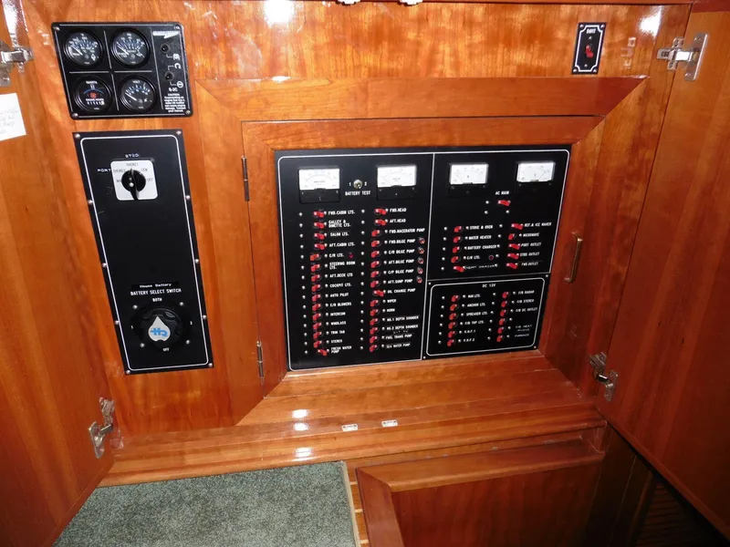 Slide: The Image of Electrical control panel on a 2000 Novatec Cockpit Motor Yacht, featuring gauges and switches. - 22