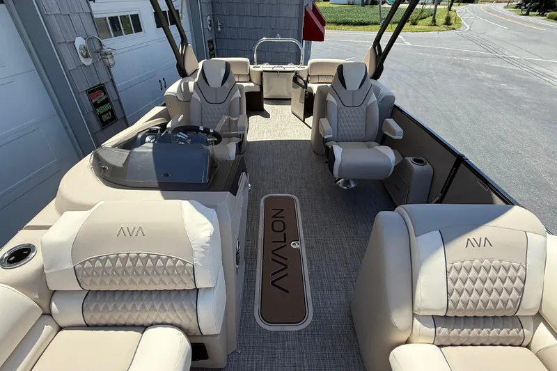 Slide: The Image of Luxurious seating on 2026 Avalon 2385 Catalina Quad Lounger, Tri Toon High Performance boat. - 19