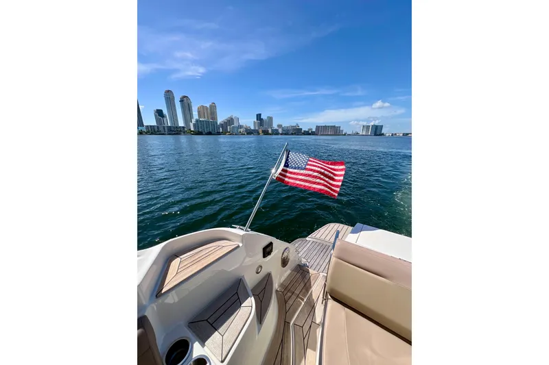 Slide: The Image of 2017 Sea Ray Sundancer 350 Coupe with American flag, city skyline in background. - 14