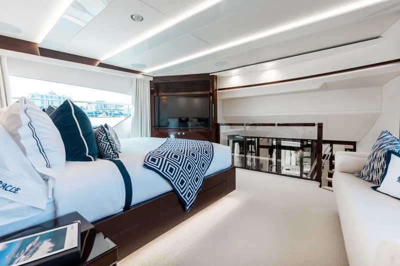Slide: The Image of Luxurious interior of 2018 Sunseeker 95 Yacht with elegant bedding and modern design. - 28