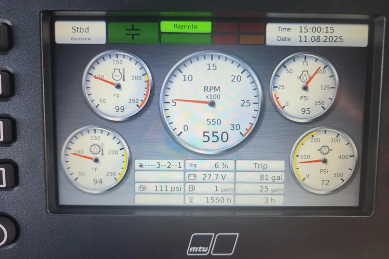 Slide: The Image of Control panel of a 2018 Sunseeker 95 Yacht displaying engine metrics and gauges. - 44