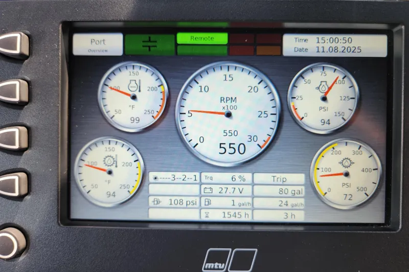 Slide: The Image of Instrument panel of a 2018 Sunseeker 95 Yacht displaying engine metrics and gauges. - 45