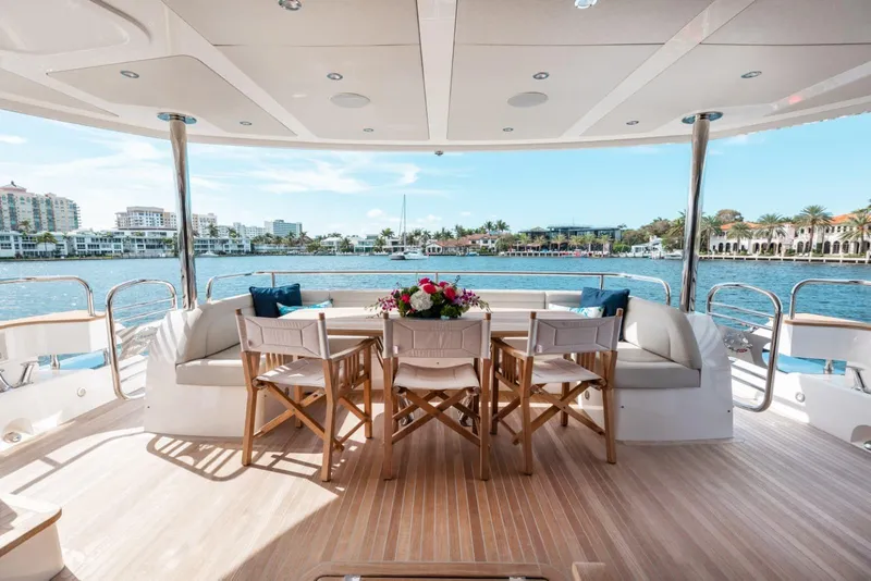 Slide: The Image of Luxurious 2018 Sunseeker 95 Yacht deck with elegant seating and waterfront view. - 7