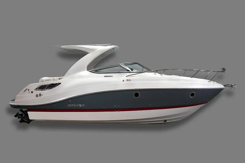 Slide: The Image of Manufacturer Provided Image: 2019 Rinker 290 EX boat, sleek white and gray design with red accent stripe. - 13