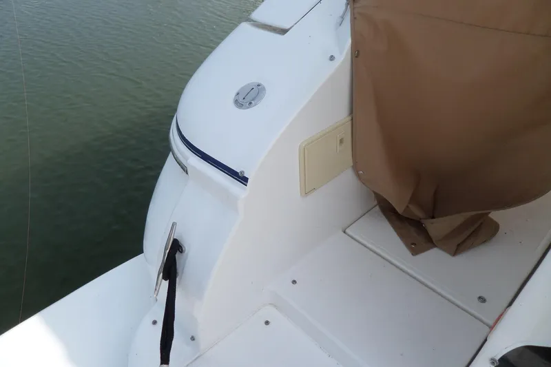 Slide: The Image of 2003 Cruisers Yachts 3275 Express boat deck with brown cover and water view. - 52