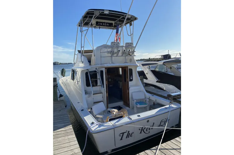 Slide: The Image of 1992 Luhrs Tournament 320 Convertible boat docked, rear view with open cabin and fishing equipment. - 14