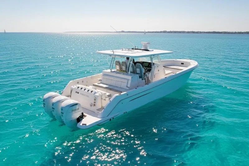 The Image of 2023 Regal 38 SAV boat cruising on clear turquoise waters. - 0