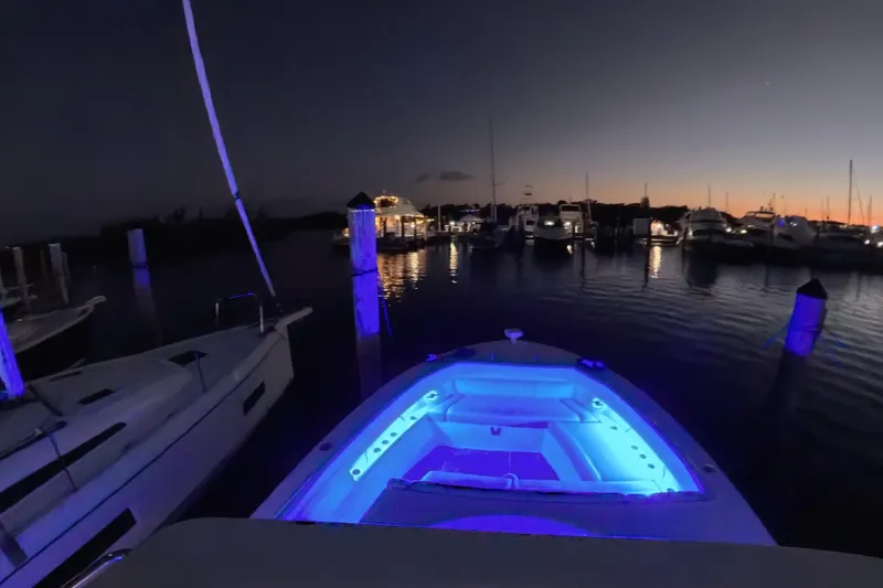 Slide: The Image of 2023 Regal 38 SAV boat illuminated at dusk in a marina setting. - 38