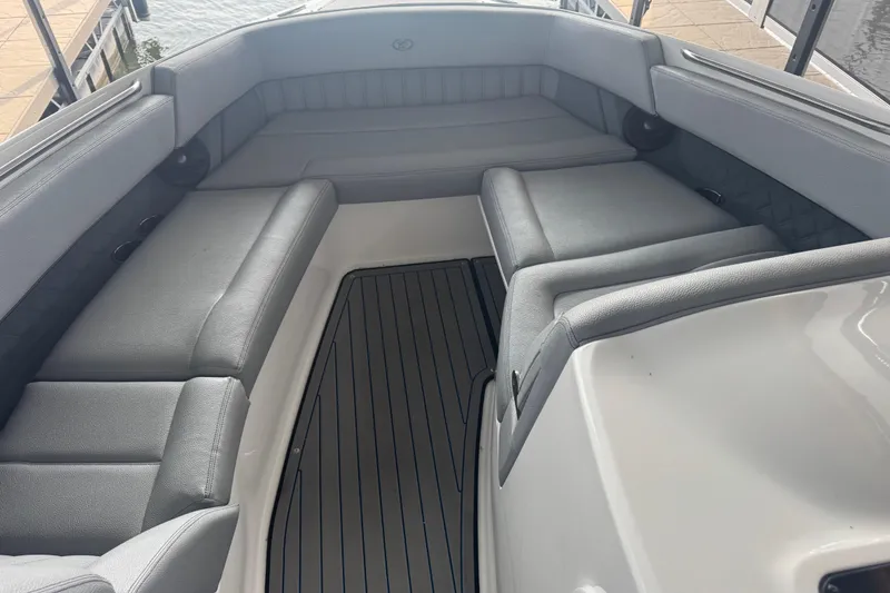 Slide: The Image of Luxurious interior of 2022 Cobalt R35 boat with gray seating and sleek design. - 16