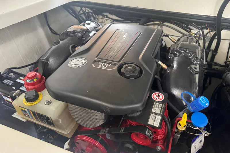Slide: The Image of Engine compartment of a 2022 Cobalt R35, featuring a Volvo Penta 380 V8 engine. - 24