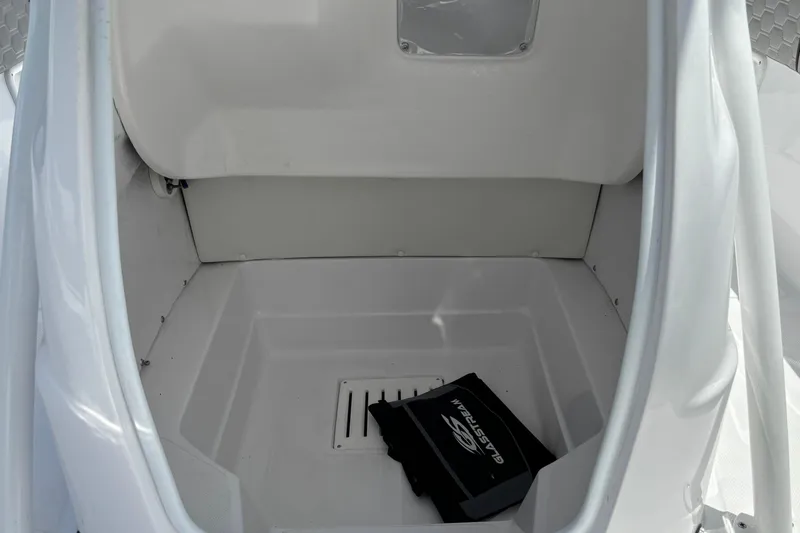 Slide: The Image of 2026 Glasstream 240 CCX storage compartment with Glasstream-branded item inside. - 17