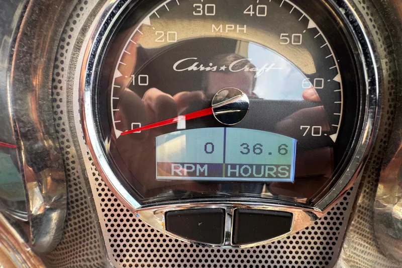 Slide: The Image of Close-up of 2023 Chris-Craft Launch 25 GT speedometer showing 36.6 hours. - 14