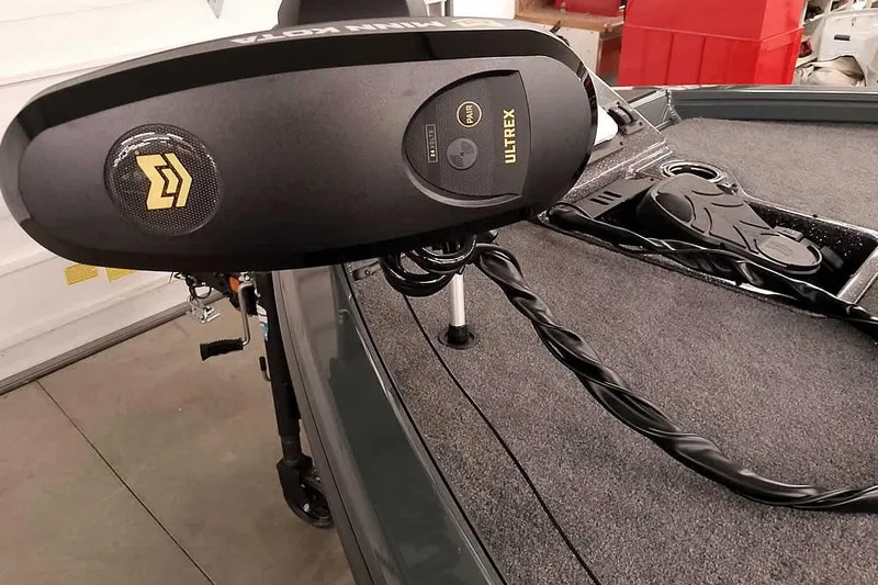 Slide: The Image of 2025 Ranger ALPHA 208 boat with Minn Kota Ultrex trolling motor on deck. - 9