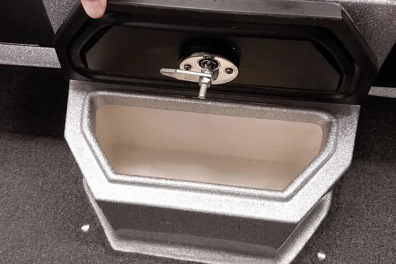 Slide: The Image of 2020 Ranger 1880MS Angler storage compartment with open lid and secure latch. - 17