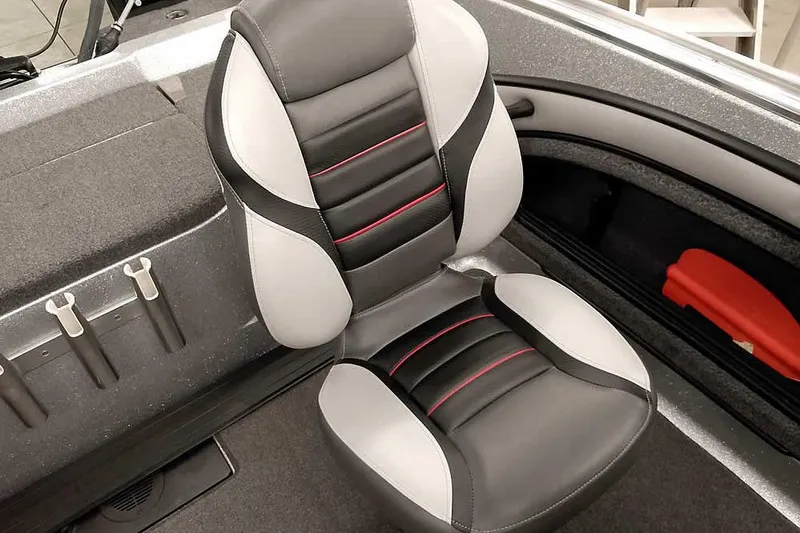 Slide: The Image of 2020 Ranger 1880MS Angler boat seat with black and gray upholstery. - 28