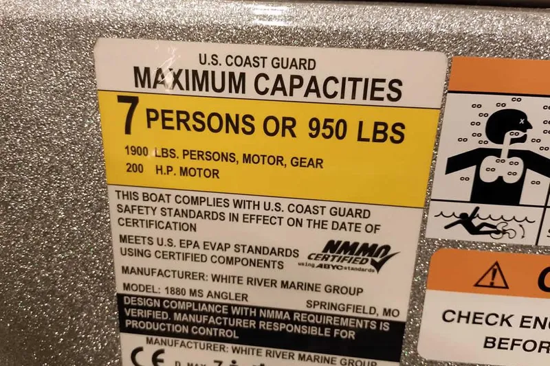 Slide: The Image of 2020 Ranger 1880MS Angler capacity label: 7 persons or 950 lbs, 200 HP motor. - 32