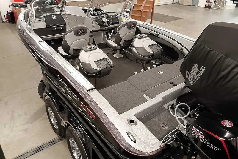 Slide: The Image of 2020 Ranger 1880MS Angler boat with seating and Mercury Pro Kicker engine in a showroom. - 46